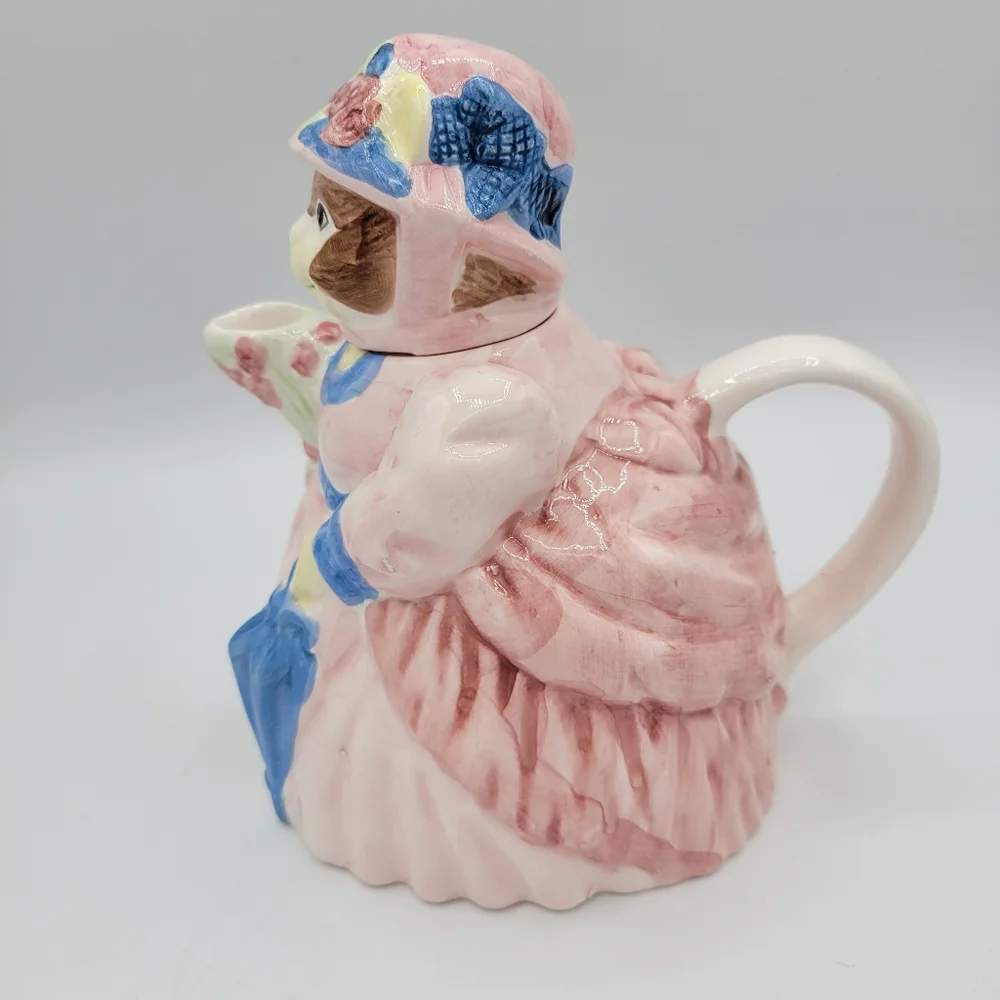 Vintage Ceramic Cat‎ Teapot Victorian Style Pink Blue Dress Collectible Decor